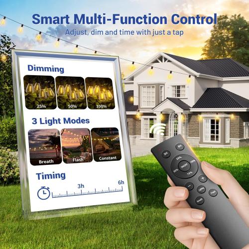 100FT Outdoor String Lights with Remote & Dimmable, 35 1 Shatterproof Waterproof Bulbs, Dimmable Outside Hanging Patio Lights for Backyard, Porch, Deck, Garden 2700K Warm White