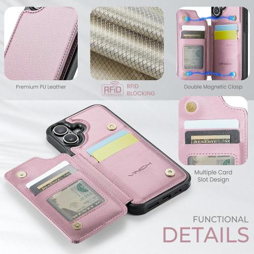 Compatible with iPhone 16 6.1 Wallet Case with Card Holder RFID Blocking for Women Men, Double Magnetic Clasp Kickstand Shockproof Phone Case Fit for iPhone 16, Rose Gold