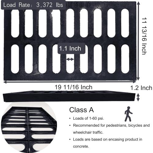 Cast Iron Drain Grate, 20x12 Outdoor Drain Cover, A Class Sewer Grate, Durable Heavy Duty Channel Grate, Black Rectangle Drainage Grate for Driveway, Concrete, Yard, Garage (19.7x11.8)