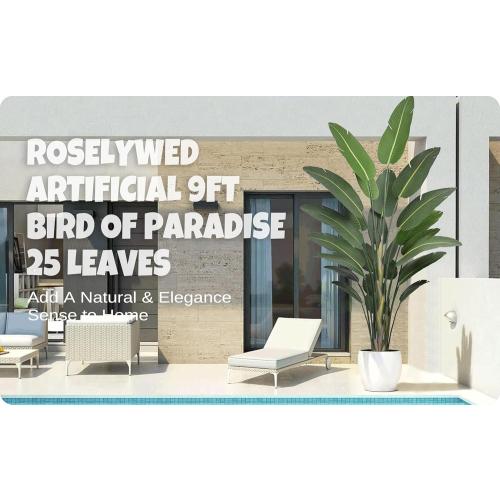 Roselywed Artificial Bird of Paradise Tree 9FT with 25 Leaves Realistic Thick Banana Leaf Deluxe Tall Large Tropical Plant 106 Inch Black Pot for Indoor Home Office Porch Mall Hotel School Decoration