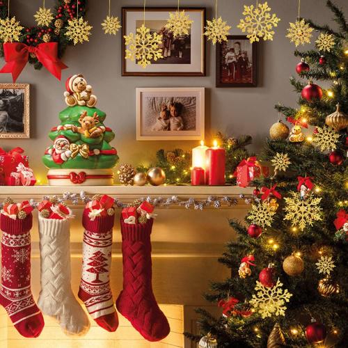 46 Pcs Gold Glitter Snowflake Ornaments Various Size Plastic Winter Snowflakes Ornaments Christmas Tree Decorations with Gold Rope for Winter Wonderland Christmas Tree Window Door Accessories