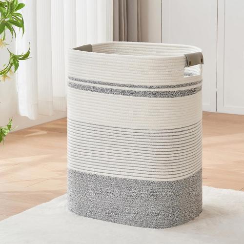 AINUOQI Laundry Basket with Handles - Blanket Basket & Hampers for Bedroom Aesthetic, Laundry Hamper & Blanket Storage for Living Room, Clothes Hamper, Tall, Large 17 x 14 x 22”, Grey & White