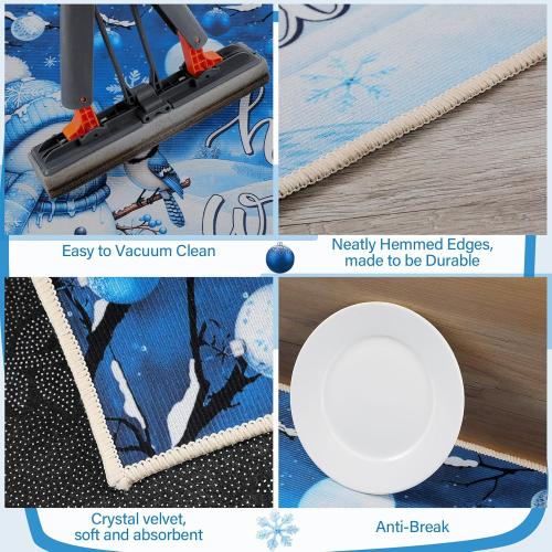 Duraaamo Set of 2 Hello Winter Snowman Kitchen Rugs Blue Christmas Kitchen Mats Cute Bathroom Rug Non Slip Floor Mat Doormat for Winter Holiday Decor 17 x 29 Inch and 17 x 47 Inch