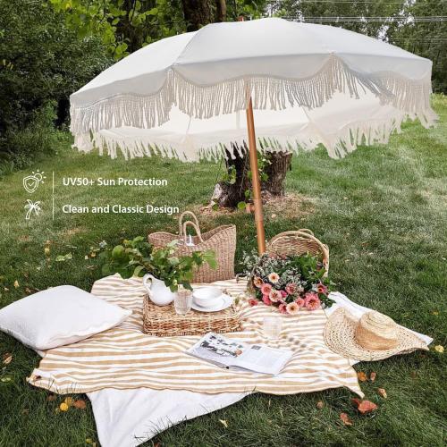 AMMSUN Boho Fringe Umbrella Outdoor Patio, 6.5ft UPF50  Picnic Umbrella with Tassels with Steel Pole and Push Button Tilt, Antique White