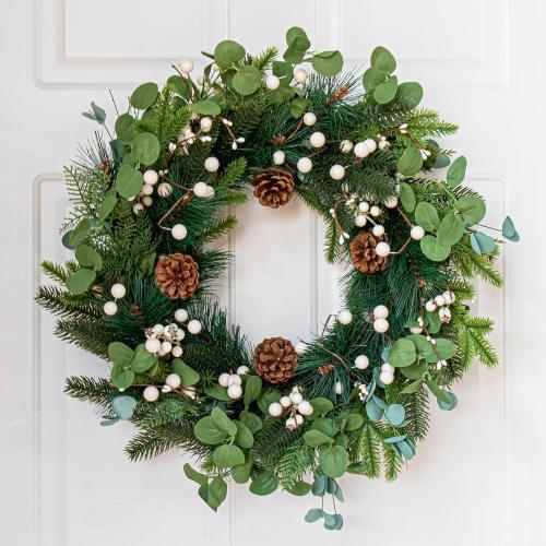 20 Inches Vintage Christmas Wreath Classic Winter Wreaths for Front Door Rustic Holiday Winter Wreath with White Berry Pine Cones for Doors Windows Indoors Outside Hanging Decoration