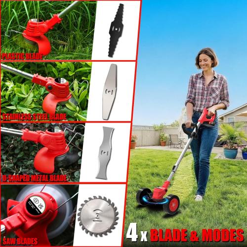 Electric Weed Wacker Cordless Weed Wacker Eater Battery Powered with 2 X 21V Batteries & Wheel & 15 Blades, 3-in-1 Stringless Grass Trimmer/Edger Lawn Tool/Brush Cutter for Garden Yard