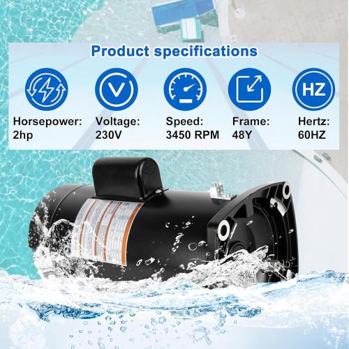 USQ1202 Pool Motor 2 HP, 3450 RPM, 48Y Frame Square Flange Pool Motor Compatible with A.O. Smith Century