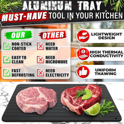 Quick Defrosting Tray for Frozen Meat, Fish, and Vegetables – 11.6 x 8.2 Non-Electric Aluminum Meat Defrosting Tray, Non-Stick Surface and High Thermal Conductivity – Easy to Clean, Use, and Store