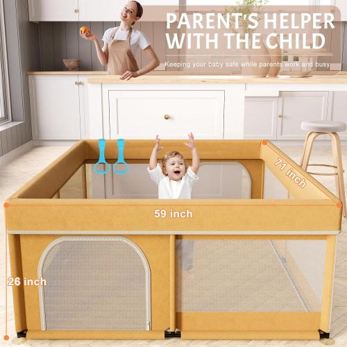 Omzer Baby Playpen with Mat 71×59 - Extra Large Playpen for Babies and Toddlers with Mat Included, Safety Playard for Baby with Gate, All-Wrapped Soft Sponge Baby Gate Playpen with Stable Mat Velcro