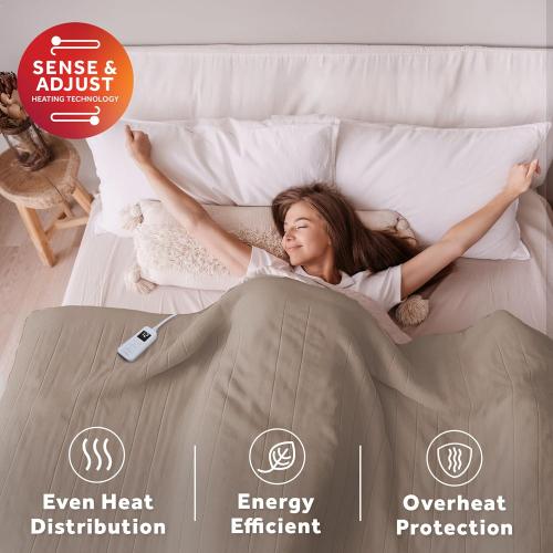 Sunbeam Electric Royal Luxe Microplush Heated Blanket, 12 Heat Settings, 12-Hour Auto Shut-Off, Fast Heating, Warm & Cozy, Machine Washable, Mushroom Color, Twin (84 x 62)