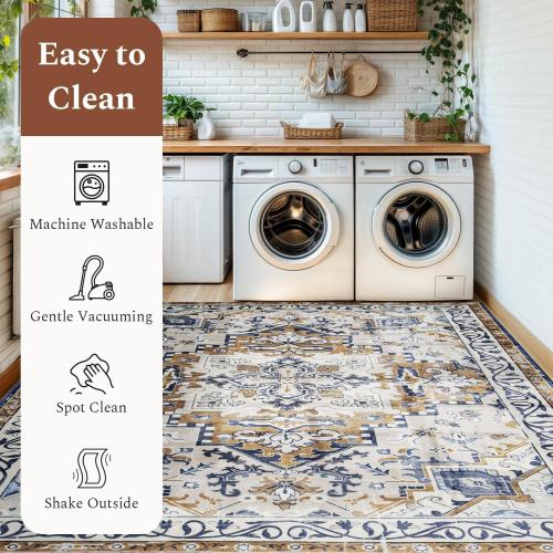 Rugflix 3x5 Area Rug for Living Room, Machine Washable Area Rugs with Non-Slip Backing, Large Soft Boho Vintage Rug for Bedroom, Dining Room, Low Pile Carpet, Kids Pet Friendly, Brown Beige