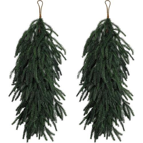 2 Pcs Christmas Swag - 27 Inch Teardrop Swag with Artificial Pine Needles Greenery Swags for Xmas Front Door Staircase Window Wall Mantel Decor - Dark Green