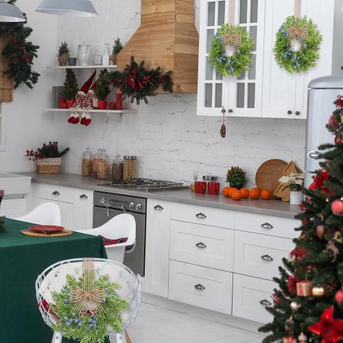 6 Pcs Artificial Blue Berry Mini Wreaths Small Vintage Kitchen Cabinet Wreath with Retro Burlap Ribbon for Farmhouse Rustic Front Door Window Wedding Bridal Shower Party Chair Wall Decor