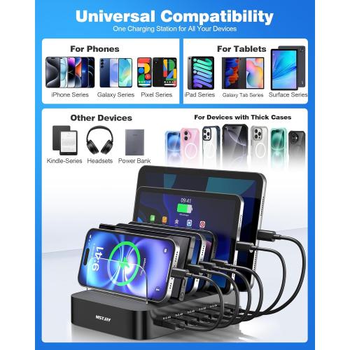 MSTJRY Charging Station for Multiple Devices : 6 Port USB Charger Stations - Family Multi-Device Organizer Charging Dock - Designed for iPhone iPad Android Cell Phone Tablet and Electronic, Black