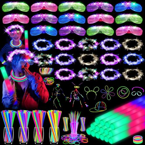 142 PCS Glow in the Dark Party Supplies, 14PCS Foam Glow Sticks, 14PCS Light Up Headband,14PCS LED Glasses and 100PCS Glow Sticks Bracelets,for Glow Party, New Year, Wedding, Concert, Birthday