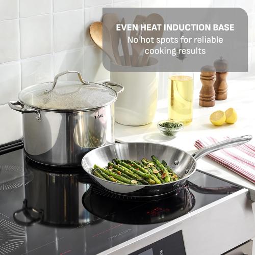 T-fal Stainless Steel Pots and Pans Set 13 Piece, Induction, Oven Broiler Safe 500F, Kitchen Cooking Set w/Fry Pans, Saucepans, Saute Pan, Dutch Oven, Steamer, Cookware, Dishwasher Safe, Silver