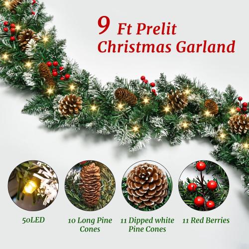 9 FT Christmas Garland with Lights,Battery Operated Lighted Garland with Pine Cones Red Berries Lush Branches,50 LED Lights 8 Modes,Christmas Decor Mantle Fireplace Indoor Outdoor Home