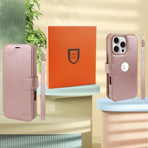 VANAVAGY Compatible for iPhone 16 Pro Max Wallet Case, PU Leather Flip Cover with Wrist Strap RFID Blocking Card Holder for Wireless Charging, [Screen Protector & Camera Cover],Rose Gold