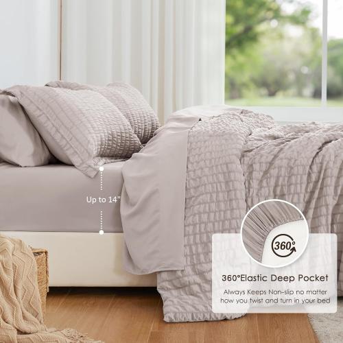 Love's cabin Seersucker Burlwood Queen Comforter Set 7 Pieces, Queen Bed in a Bag, All Season Bedding Set with Comforter, Flat Sheet, Fitted Sheet, Pillowcase and Pillow Sham