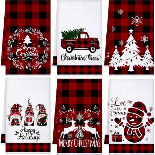 Sratte 6 Pcs Winter Kitchen Towels Snowman Gnome Truck Dish Towel Absorbent Red Black Buffalo Plaid Bathroom Hand Towels Farmhouse Winter Tea Towel for Kitchen Bathroom Decoration Housewarming Gift