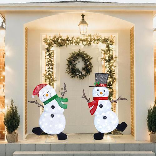 Lulu Home 2-Pack Lighted Christmas Snowman Decorations, 3.1 2.5FT Outdoor Snowmen with 70 LEDs White Lights, 2D Plug-in Snowman Holiday Yard Decor with Scarves for Lawn Garden Party