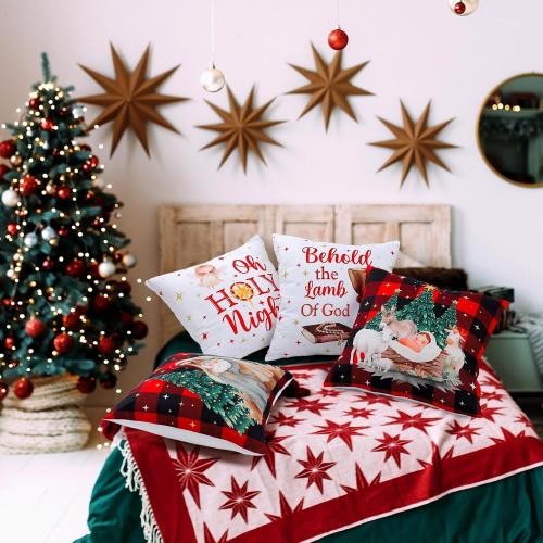 6 Pcs Christmas Pillow Covers 18x18 Inch Religious Nativity Scene Throw Pillowcase Jesus is The Reason for The Season Cushion Case Red Black Buffalo Plaid Christmas Decor for Couch Sofa Decor