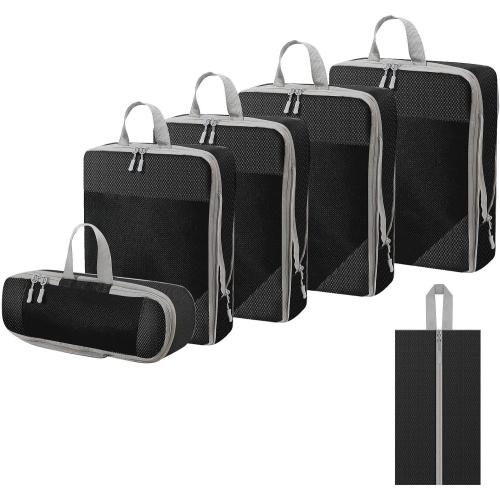WOOMADA Compression Packing Cubes for Suitcases Travel Essentials 6 Set Rectangle Mesh Expandable Travel Bags Organizer for Luggage