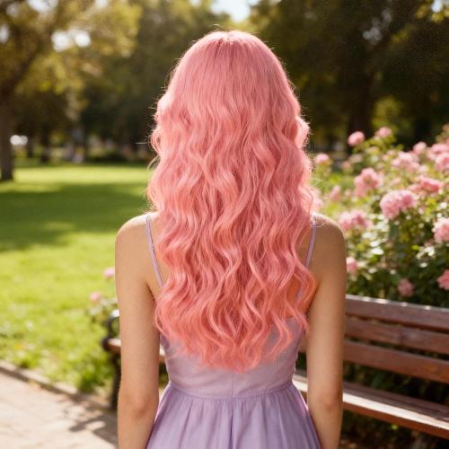 S-noilite Long Pink Wavy Wig Middle Part for Women 27 inch Long Curly Wavy Pink Wig Natural Looking Synthetic Hair Colorful Anime Cosplay Party Halloween Costume Daily