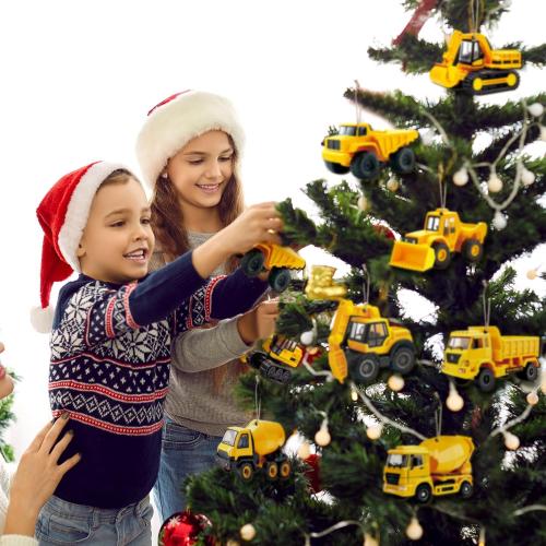 Pinkunn 36 Pcs Christmas Vehicle Wood Ornaments Set Construction, Monster, Fire, Army, Police Car Transportation Hanging Ornaments Gifts for Tree Decor