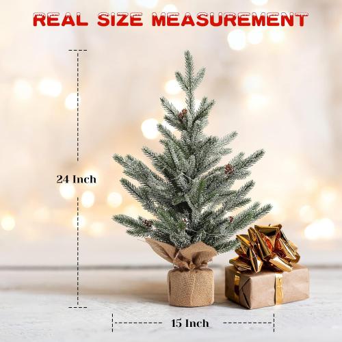 LinTimes 24 Inch Table Top Small Christmas Tree with 50 LED Lights, Prelit Mini Christmas Tree Frosted Pine Tree with Red Berries for Home Table Centerpiece Dining Room Office Desk Decorations