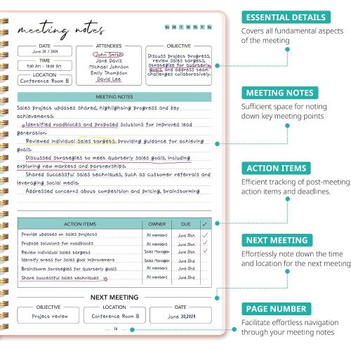 Taja Meeting Notebook for Work, Project Planner, 6.9 X 9.7, 140 Pages