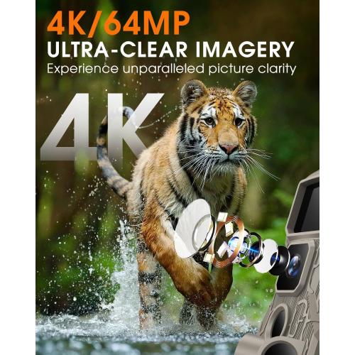 Trail Camera WiFi 4K 64MP with 64GB Memory Card 8 Batteries and Night Vision Ip67 Waterproof 130°Wide Angle 0.1s Trigger Speed, Suitable for Outdoor Wildlife Detection, Monitoring Game Cam