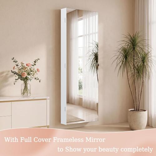 Unisakey Mirror Jewelry Cabinet,Lockable Wall or Door Mounted Jewelry Armoire Organizer With Built-up Mirror,LED Lights, Drawers,Cosmetic Trays,Shelves, 14.4x3.15x 43.1（White）