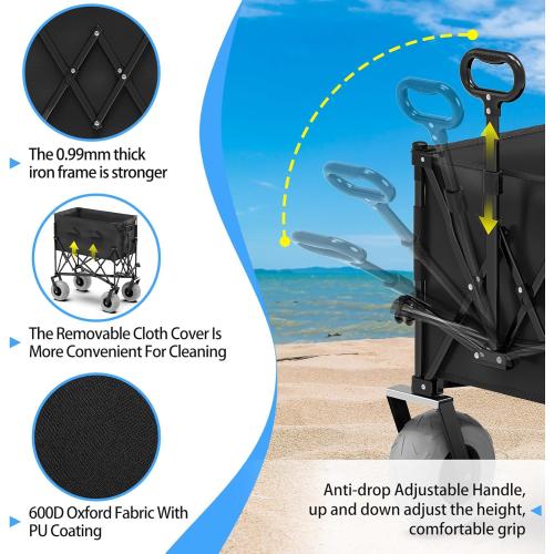 Color Black  Beach Wagon with Big Wheels for Sand,Heavy Duty Collapsible Wagon with All-Terrain 9 Pneumatic Tires and Detachable Cooler, Utility Beach Cart for Garden Sports Camping Activities