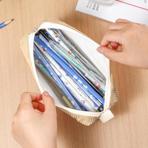 Pencil Bag Pen Case, Soft Corduroy Small Pencil Pouch Organizer with Zipper, Cute Pencil Case Pouch Stationery for Girls and Boys – Apricot