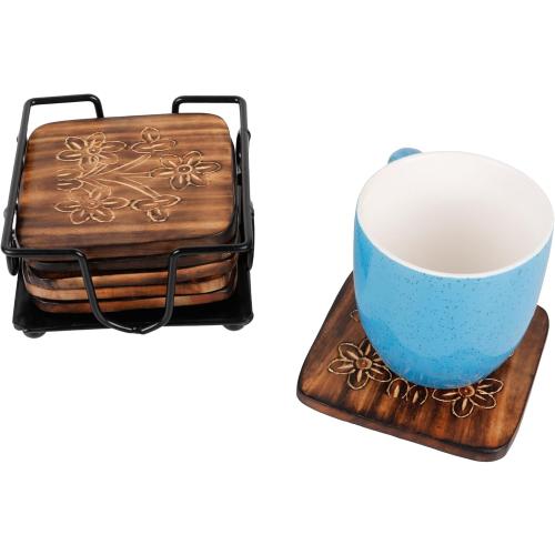 Wooden Coaster Set of 6 with Carved Flower Design on Coaster with Wrought Iron Holder for Coffee Table/Kitchen/Dining Table