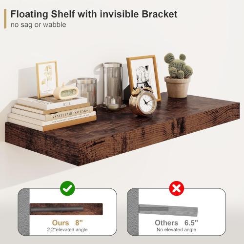 12 Deep Rustic Brown Floating Shelves,Over Toilet Long Wall Mounted Modern Farmhouse 36 inches,Wall Shelves with Invisible Brackets for Bedroom, Bathroom, Living Room, Kitchen, Set of 1