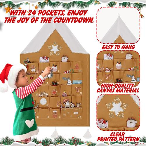 SATINIOR Christmas Advent Calendar with Pockets Gingerbread Empty Advent Calendar to Fill 24 Days Reusable Natural 24 Days Countdown Hanging Storage Bag for Home Xmas Countdown Decoration