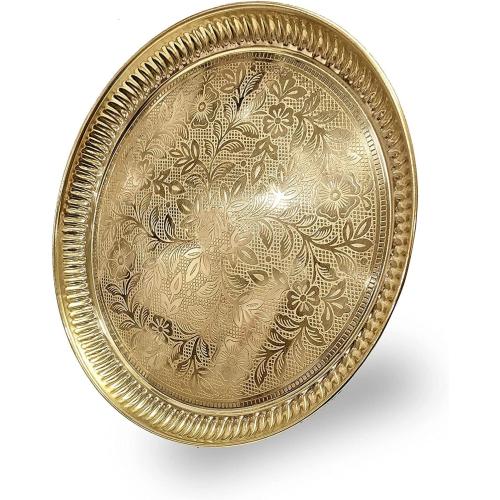 Craftsman 10 Inch Pure Brass Floral Design Pooja Aarti Thali Plate for Mandir, Temple, Indian Festival, Diwali, Aarti Platter for Prayer, Wedding Gift