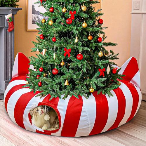 Cat Tunnel Bed with Christmas Tree Skirt, Cat Beds for Indoor Cats Tunnels with Toy Ball, Red and White Christmas Decorations Donut Tunnels for Cat Supplies Small Large Cats and Small Animals