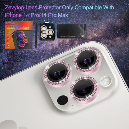 Camera Lens Protector for iPhone 14 Pro/iPhone 14 Pro Max, Individual Tempered Glass Aluminum Alloy Ring Lens Cover with Installation Tray Fit for iPhone 14 Pro/14 Pro Max Diamond Pink