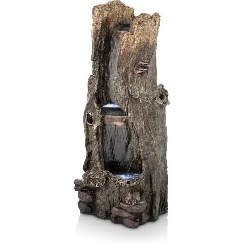 Alpine Corporation WIN258 Outdoor Rainforest Waterfall Tree Trunk Floor Fountain with LED Lights, Tiered Garden Decor, 41 H, Brown