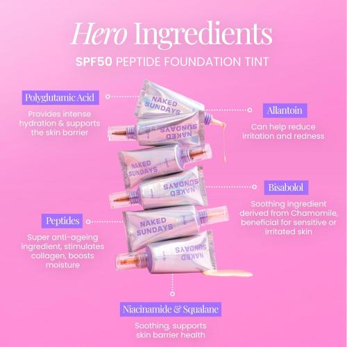 Naked Sundays BeautyScreen Peptide Foundation Tint - SPF 50 Tinted Sunscreen & Skincare Makeup with Zinc Oxide, Niacinamide - Lightweight Natural Coverage, 2 Fair Sand, 1.01 oz