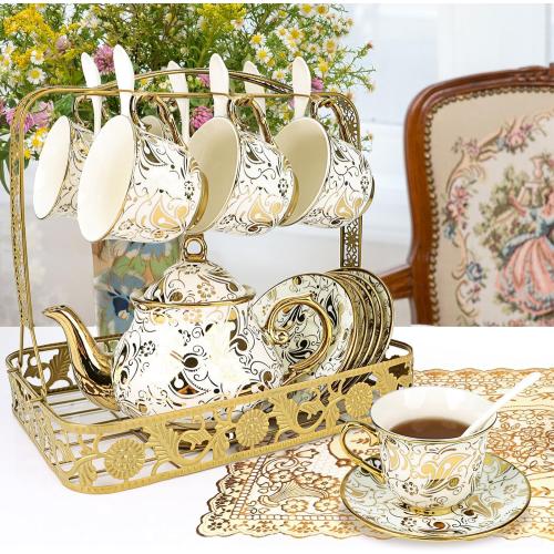 20 Pcs Porcelain Tea Set with Metal Holder,European Flower Adult Ceramic Tea Party Set for Women,1000ML Teapot, Beautiful Coffee Tea Cup Set for Home&Party(Gold)
