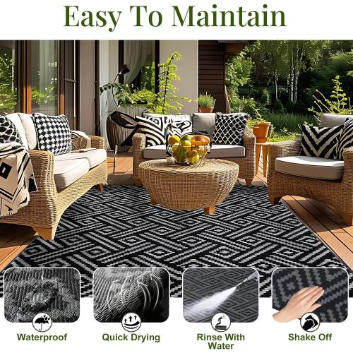 Black and Grey OPPODREAM Outdoor Rug, Waterproof Outdoor Plastic Straw Rug for Patio, Reversible Out Door Carpet for Camping, Deck, Rv, Area Carpet for Balcony, Porch, Backyard, Black and Beige