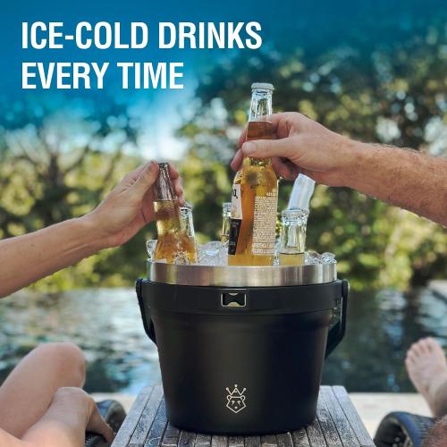 Insulated Ice Bucket with Lid and Scoop - Extra Large Double-Walled Ice Bucket for Parties, Cocktail Bar, Stainless Steel Wine Chiller, Beverage Tub with Handle and Bottle Opener (Black)