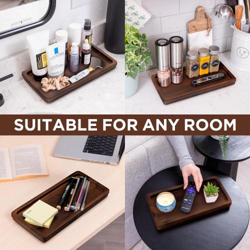 Bathroom Vanity Tray 11.8x5.9in of Acacia Wood - Elegant Organizer for Cosmetics, Jewelry, Perfume, Candle, Key - Premium Wood Tray for Bathroom, Kitchen, Countertop, Toilet Tank, Sink (Dark Brown)