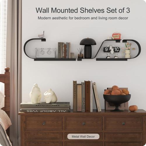 Black Floating Shelves Set of 3, Black Metal Decor, Unique Mounted Floating Shelf, Modern Long Wall Shelf, Large Wall Shelves for Bedroom, Bathroom, Living Room