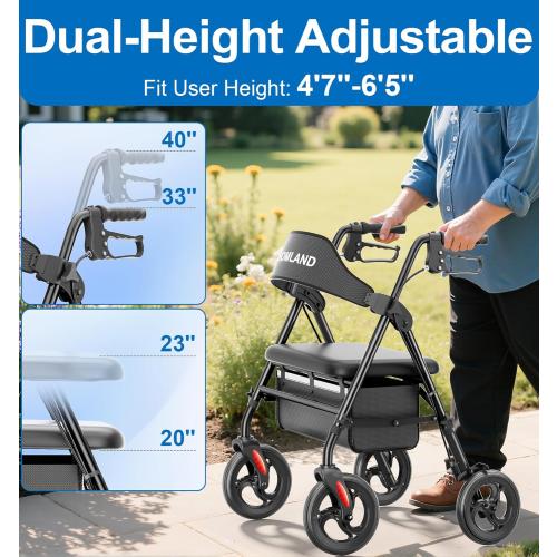 HOMLAND Bariatric Walkers for Seniors, 500lb Heavy Duty Rollator Walker, 19.7 Extra Wide Padded Seat, 8 All Terrain Foldable Rolling Walker with Dual-Height Adjustable