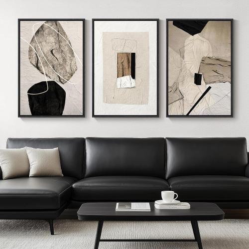 Size 24x36 Large Framed Neutral Abstract Wall Art for Living Room, 3 Piece Modern Canvas Prints Paintings Artwork for Walls, Black and Beige Pictures for Living Room Hallway Stair Office Wall Decor 24x36 Inch